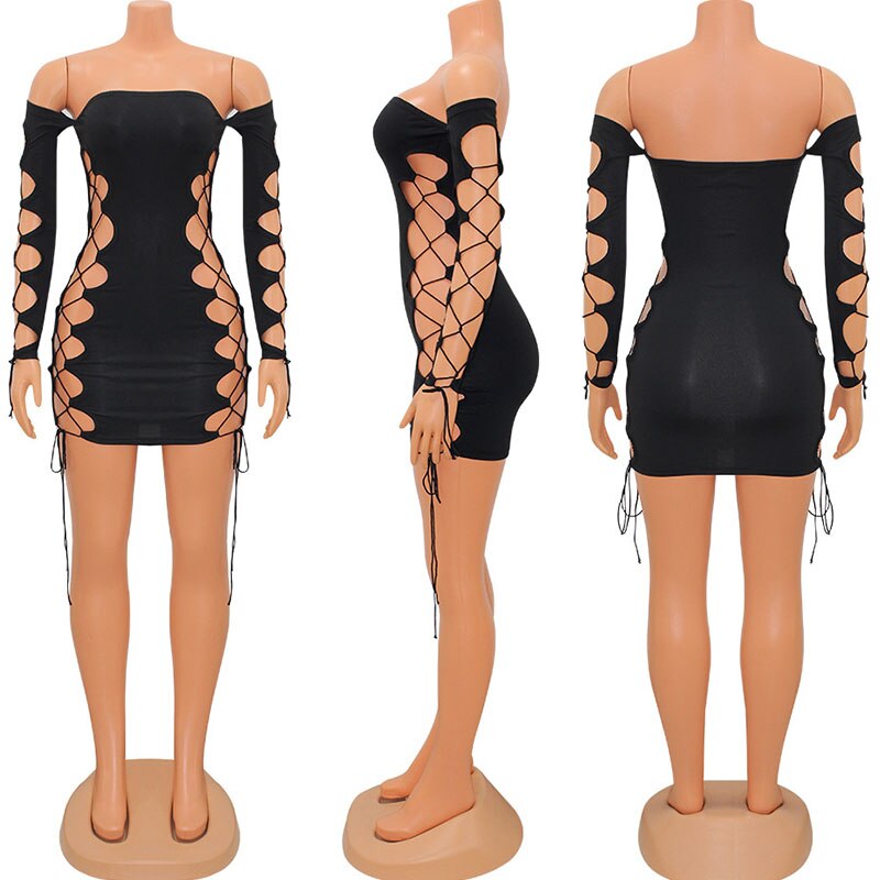 Bandage Hollow Out Lace Up Bodycon Mini Dress