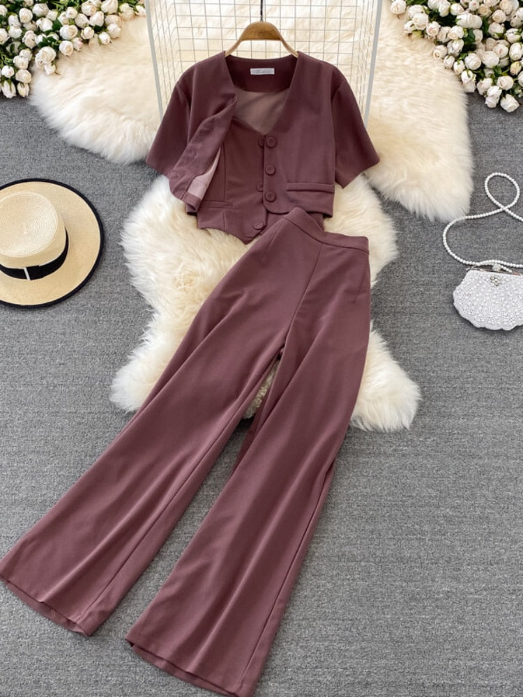 V-neck Shirt Jacket Three-piece Suit High Waist Wide Leg Long Pants Sets