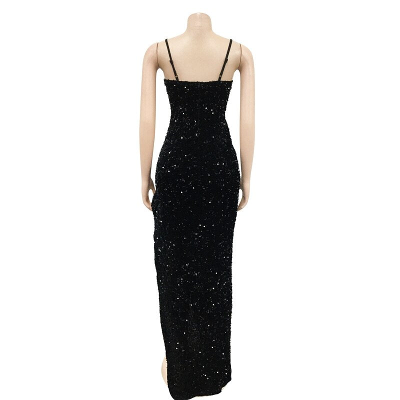 High Slit Glitter Sequin Maxi Dress