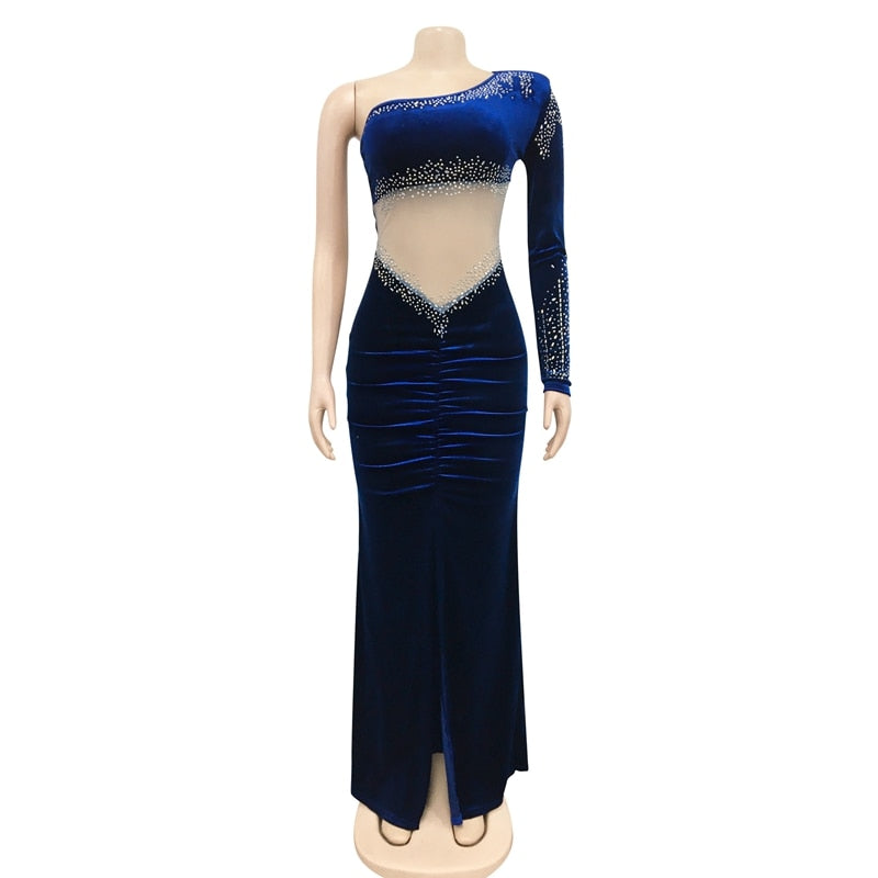 Velvet Elegant Sheer Mesh Rhinestone Bodycon Maxi Dress