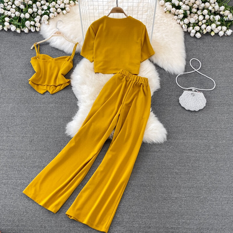 V-neck Shirt Jacket Three-piece Suit High Waist Wide Leg Long Pants Sets