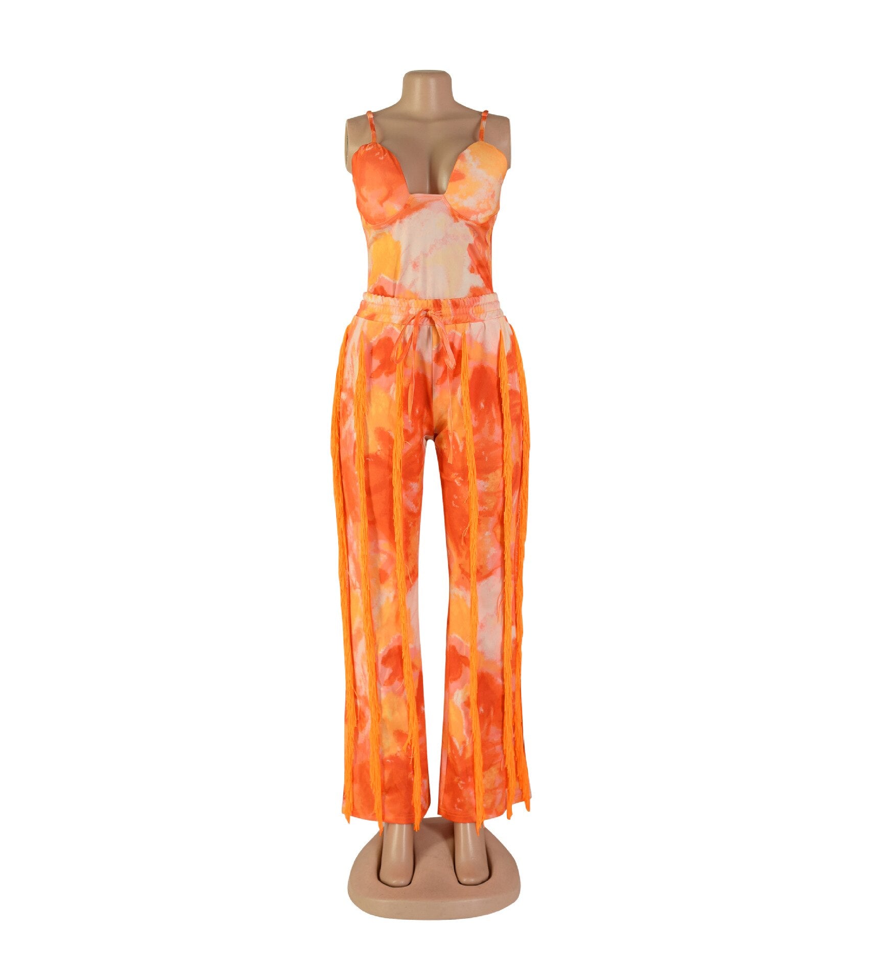 Tie Dye Sleeveless Bodysuit and Tassel Pants Summer Set