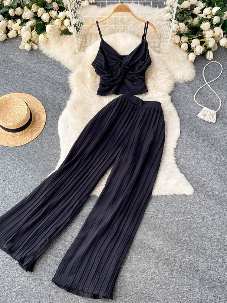 Spaghetti Strap Tops High Waist Long Pants Two Piece Set