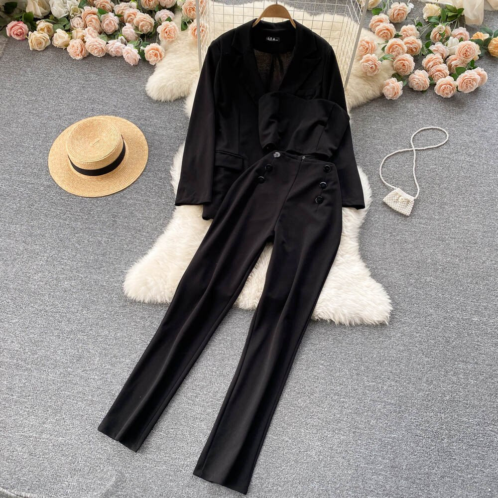 Casual Jacket and High Waist Pencil Pants Outfits Elegant Suits