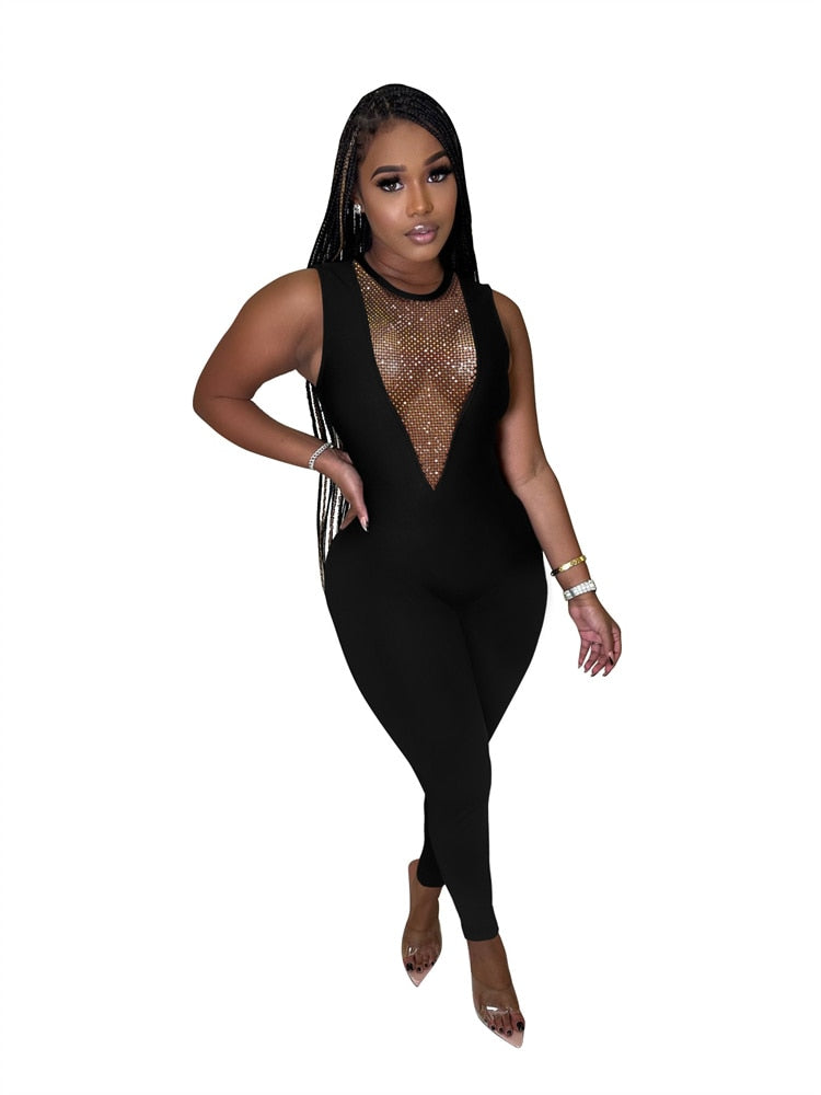 Deep V Neck Sequin Mesh See Through Jumpsuit