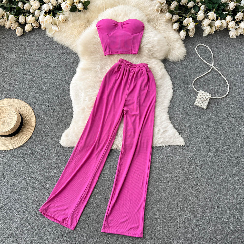 Strapless Slim Camisole + Wide Leg Long Pants Two Piece Suits