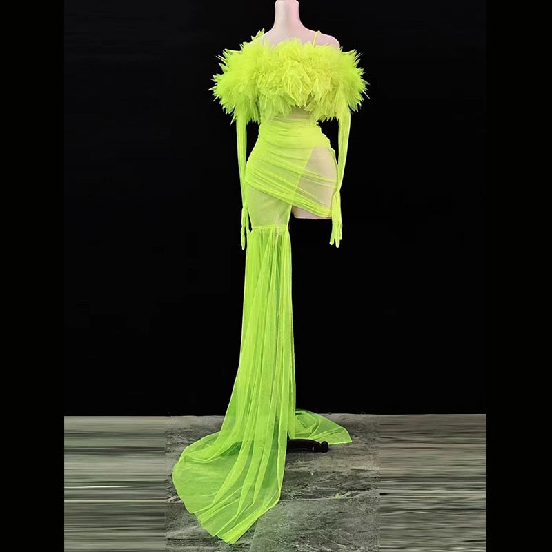 Neon Green Mesh Long Transparent Train Dress