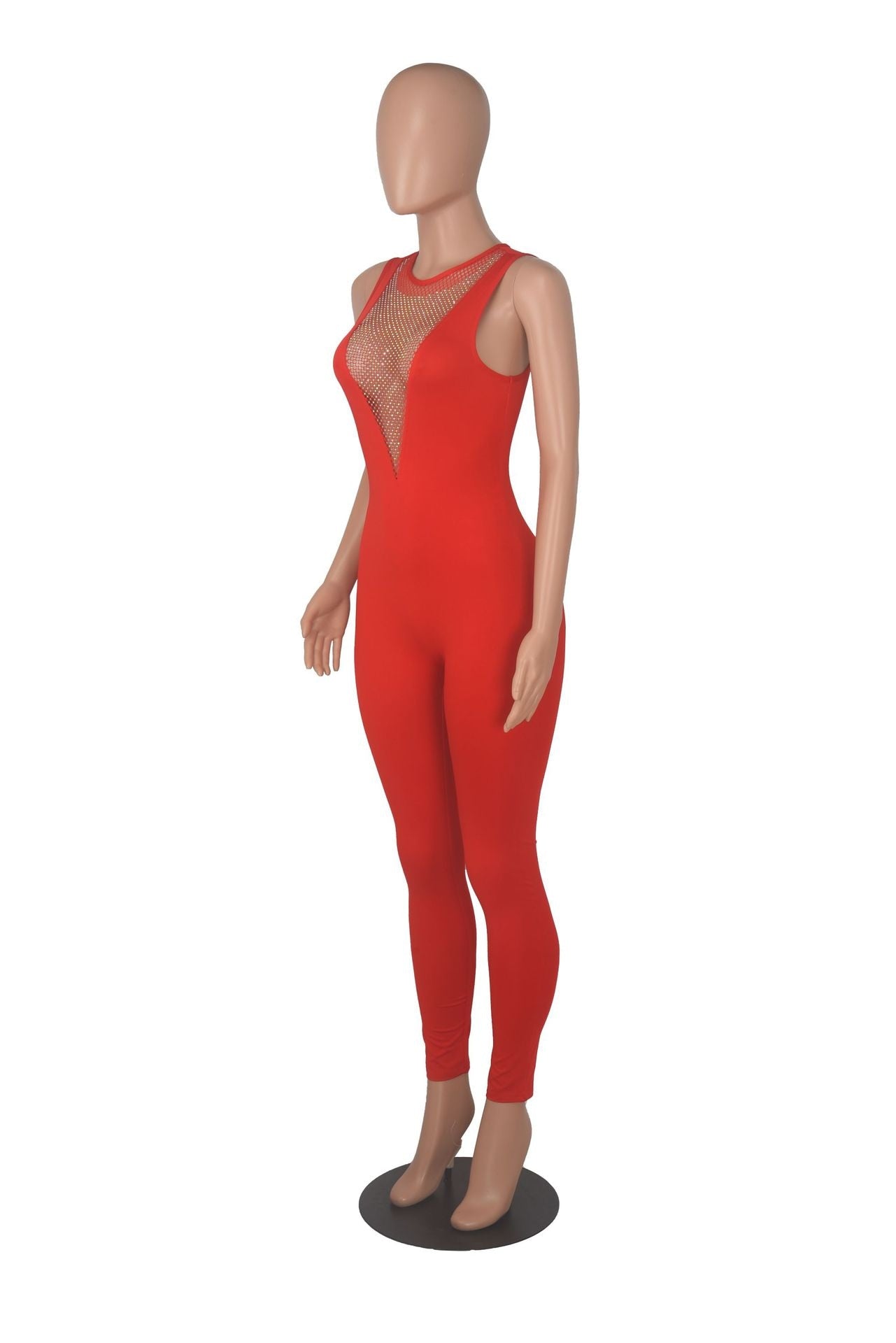 Deep V Neck Sequin Mesh See Through Jumpsuit