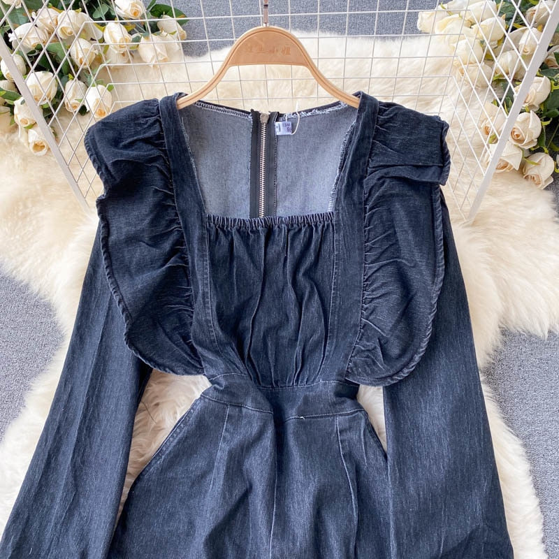 Vintage Square Collar Long Sleeve Ruffled Slim Denim Jumpsuit Denim Jumpsuit