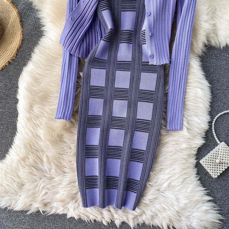 plaid print spaghetti strap bodycon mini dress and long sleeve knit cardigan suits