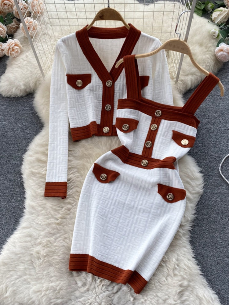 Knitted Cardigan Coat + Suspender Knit Dress Two Piece Sets