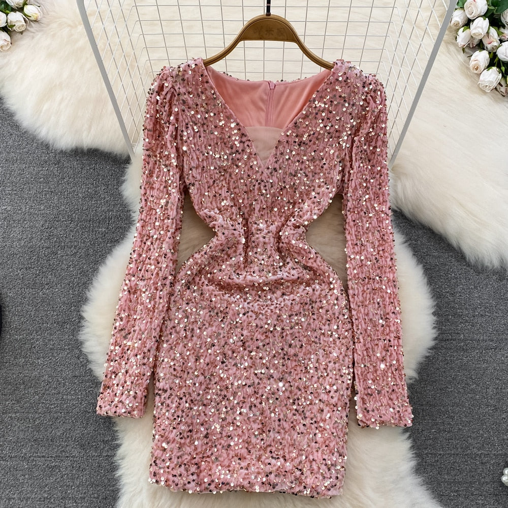 Sequins Glittering Mini Elegant Mesh Patchwork V-neck Long Sleeve Slim Bodycon Velvet Dress