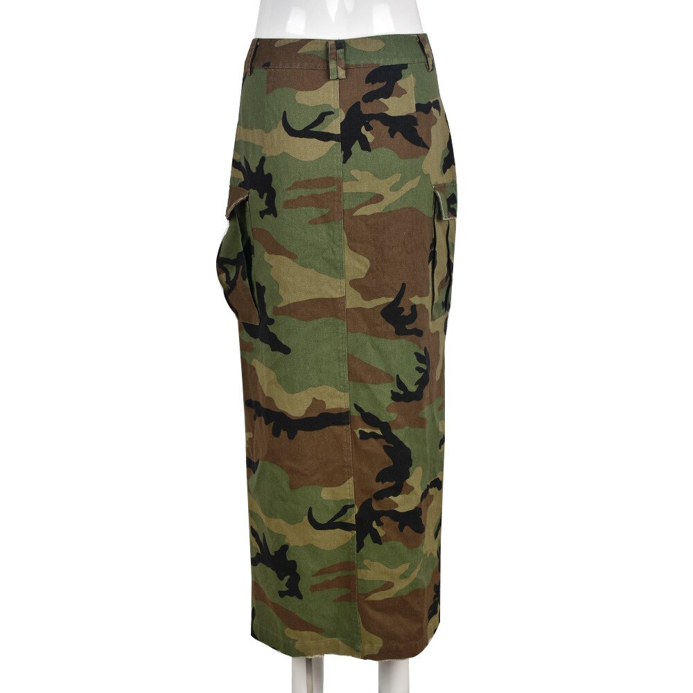 Camouflage High Side Slit Button Front Waist Maxi Long Skirt