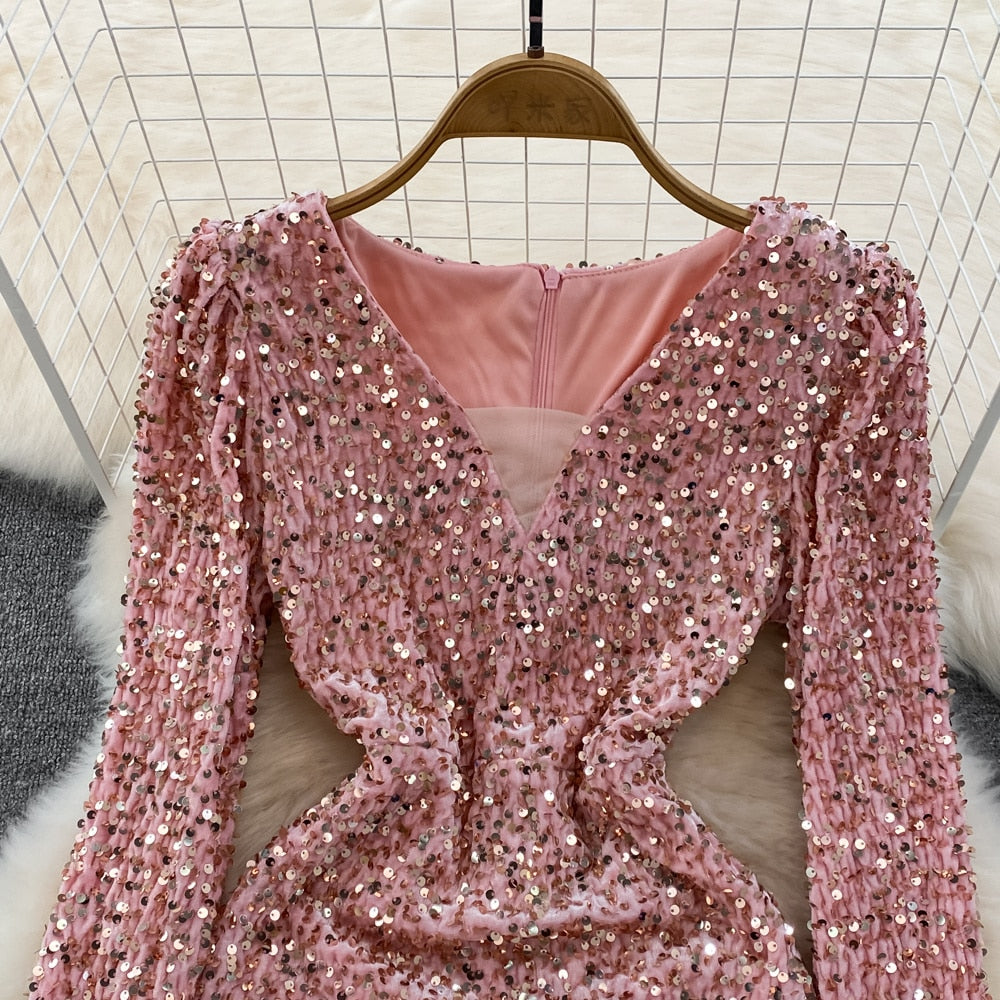 Sequins Glittering Mini Elegant Mesh Patchwork V-neck Long Sleeve Slim Bodycon Velvet Dress