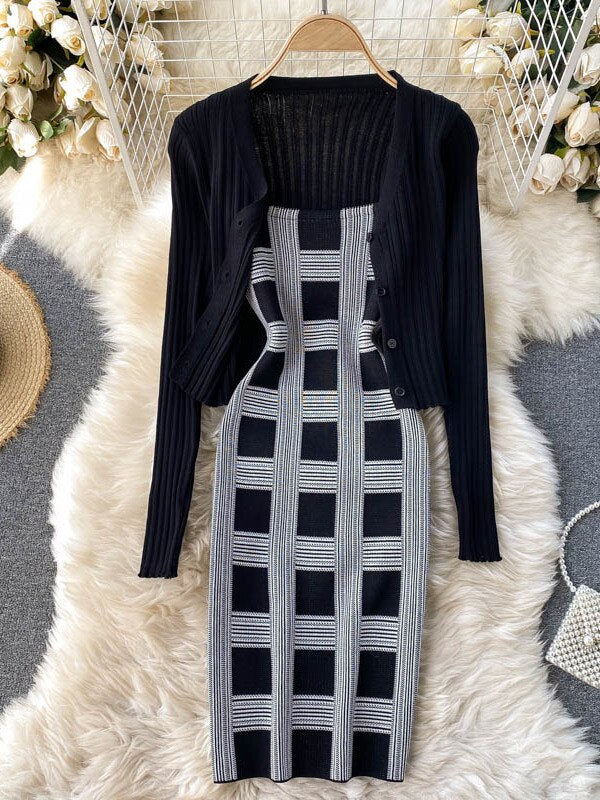 plaid print spaghetti strap bodycon mini dress and long sleeve knit cardigan suits