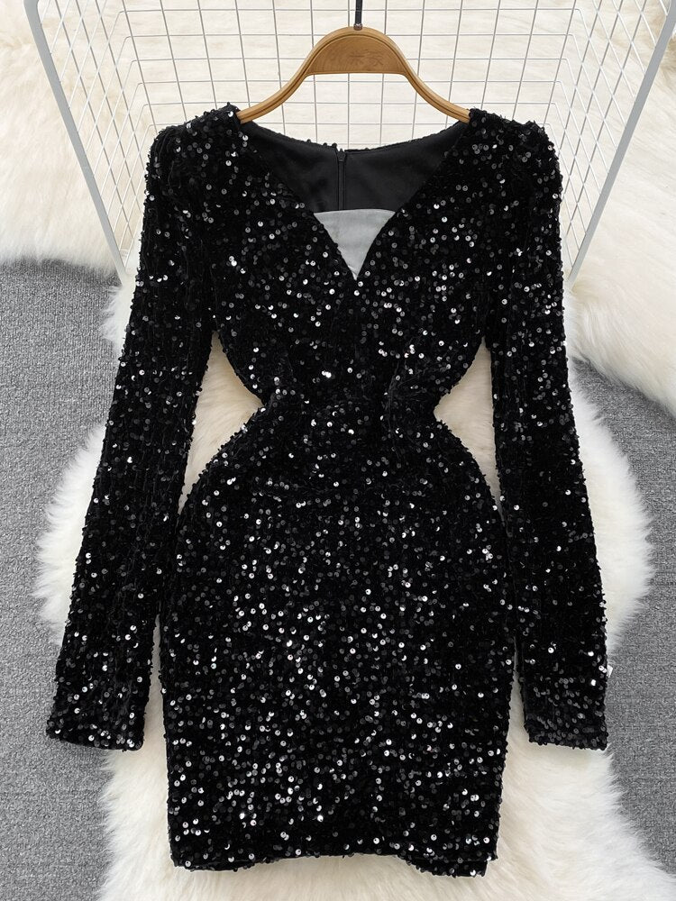 Sequins Glittering Mini Elegant Mesh Patchwork V-neck Long Sleeve Slim Bodycon Velvet Dress