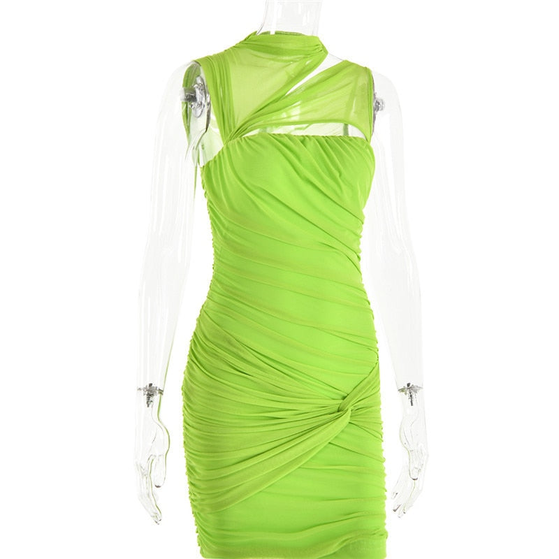 Pleated Mesh Zipper Hollow Out Sleeveless Bodycon Dress