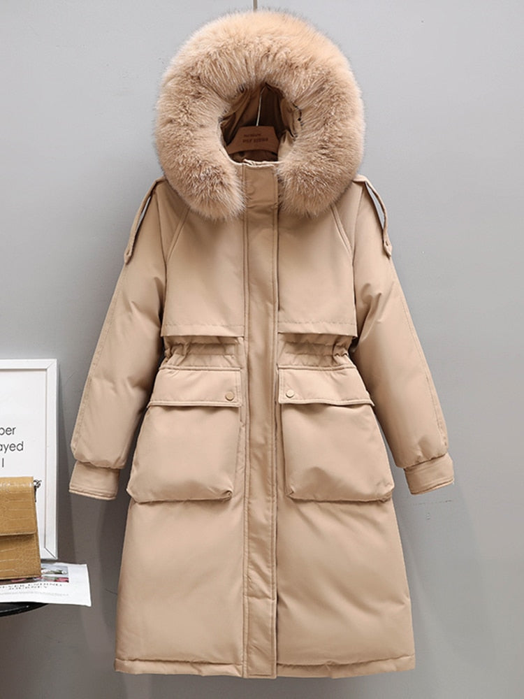 Fur Collar Hooded Long Jacket Large White Duck Down Coat Thickness Snow Warm Outwear