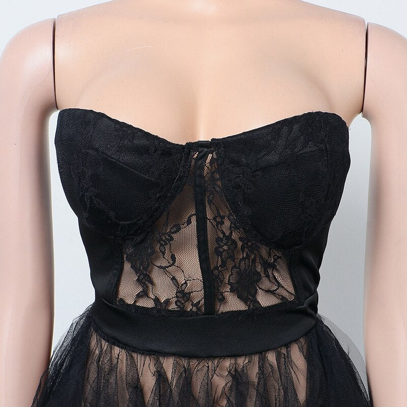 Corset Lace Maxi Mesh See Through Dress