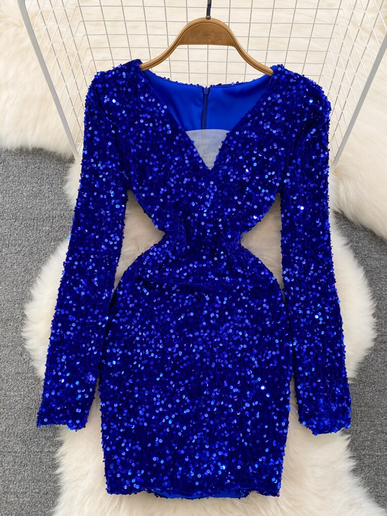 Sequins Glittering Mini Elegant Mesh Patchwork V-neck Long Sleeve Slim Bodycon Velvet Dress