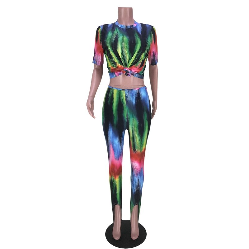 Tie Dye Two Piece Sets Crop Top Pants Bodycon Matching Sets.