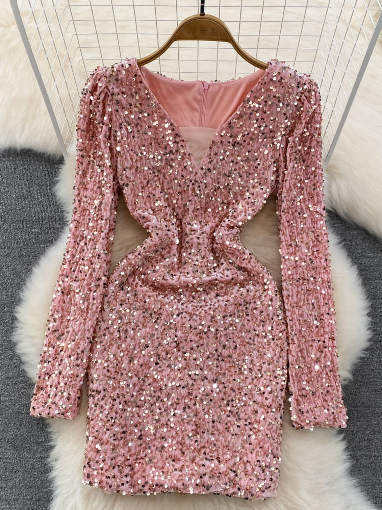 Sequins Glittering Mini Elegant Mesh Patchwork V-neck Long Sleeve Slim Bodycon Velvet Dress