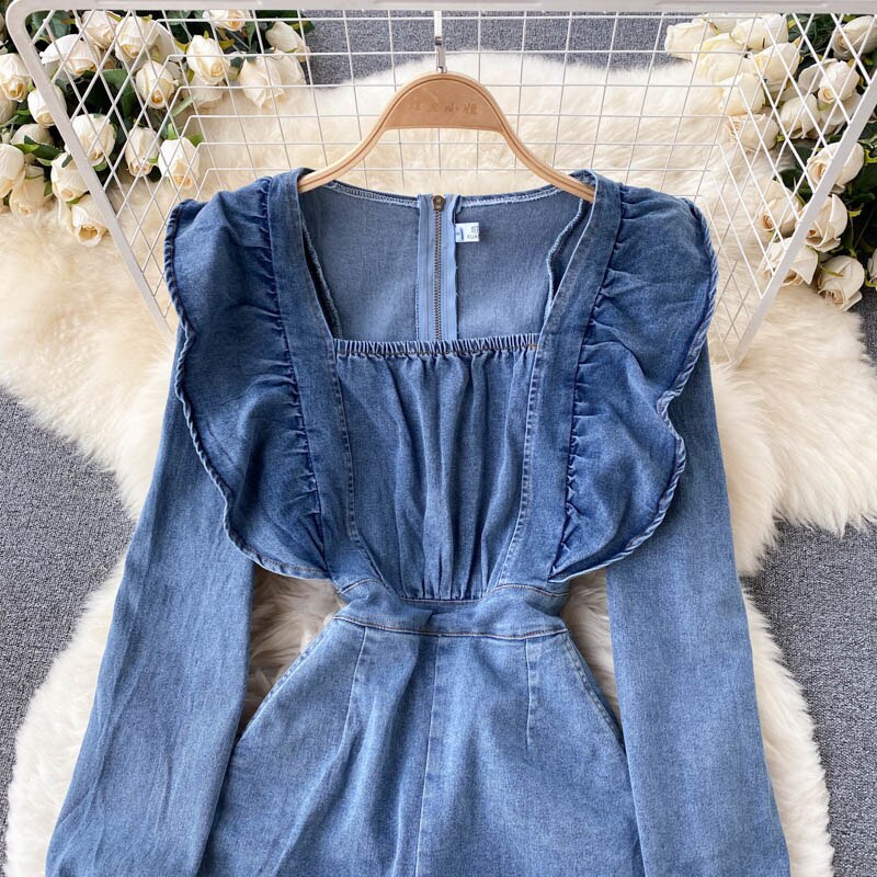 Vintage Square Collar Long Sleeve Ruffled Slim Denim Jumpsuit Denim Jumpsuit