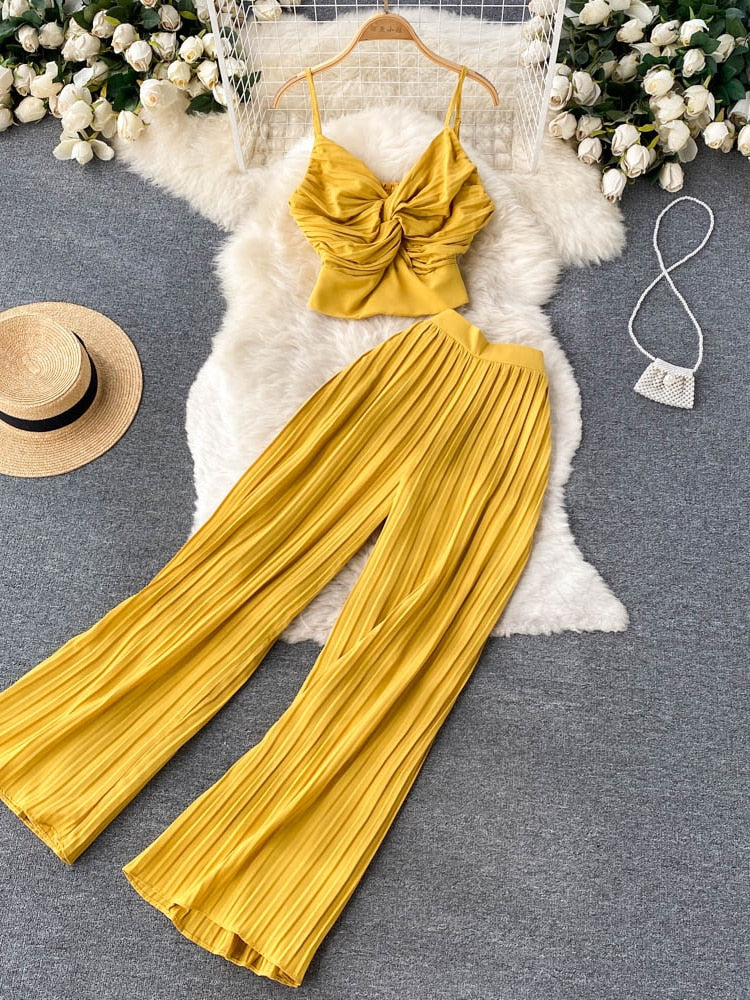 Spaghetti Strap Tops High Waist Long Pants Two Piece Set