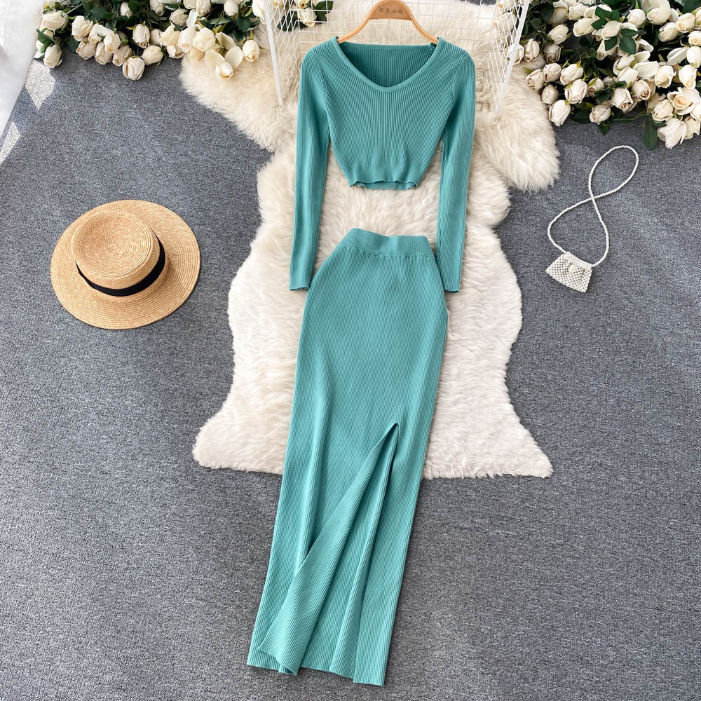 Two Pieces Sets High Waist Split Pencil Wrap Set