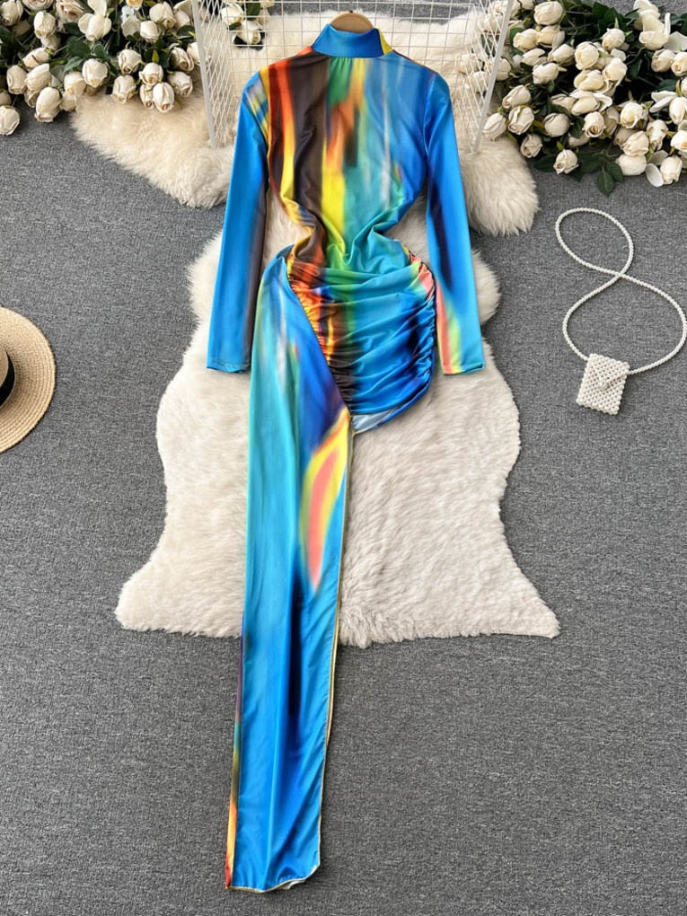 Irregular Long Sleeve Turtleneck Dye-tie Print Bodycon Ruched Dress