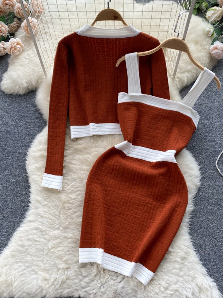 Knitted Cardigan Coat + Suspender Knit Dress Two Piece Sets