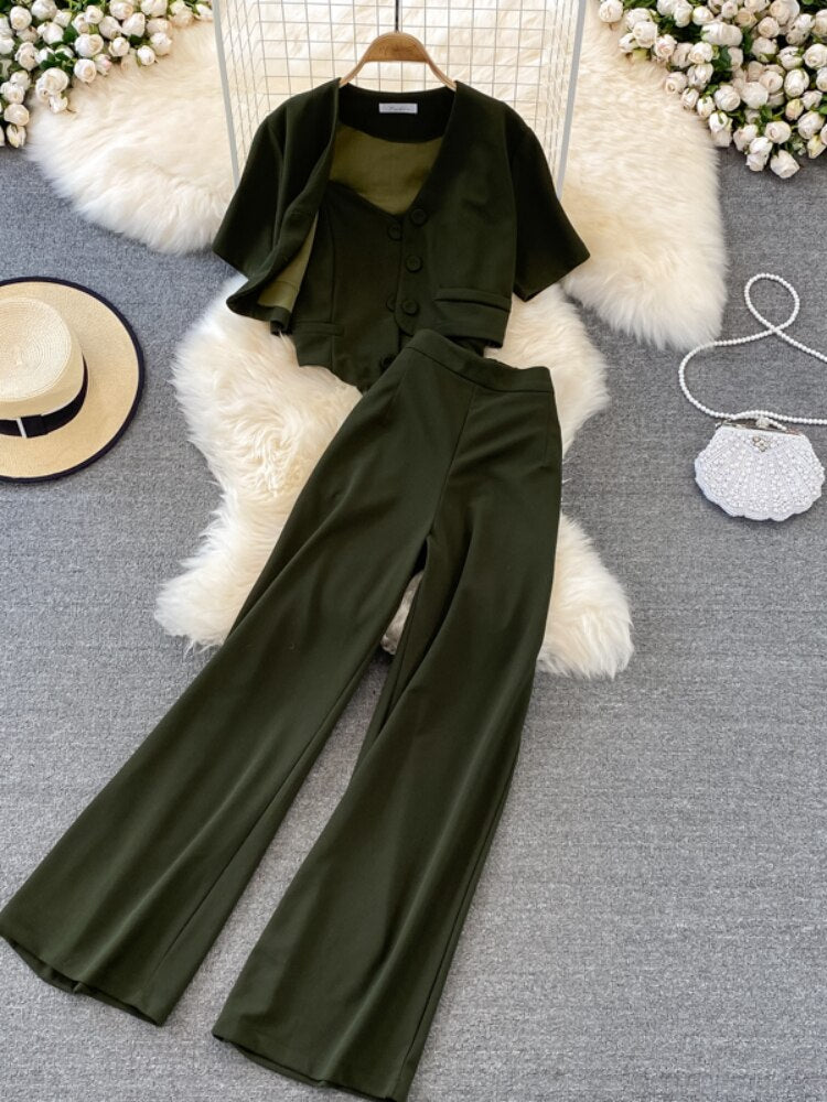 V-neck Shirt Jacket Three-piece Suit High Waist Wide Leg Long Pants Sets