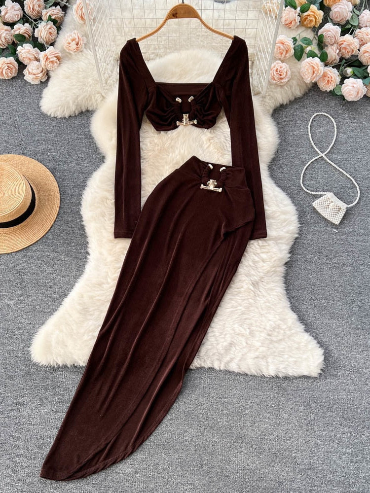 Long Sleeve Crop Top + Elastic Waist High Slit Long Skirt Suits