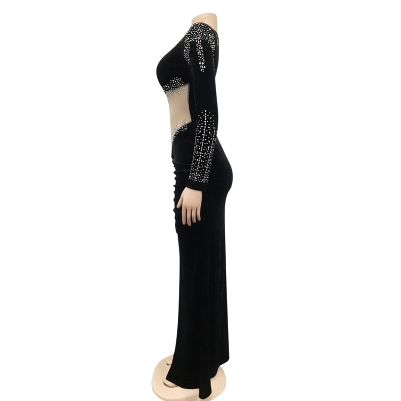 Velvet Elegant Sheer Mesh Rhinestone Bodycon Maxi Dress