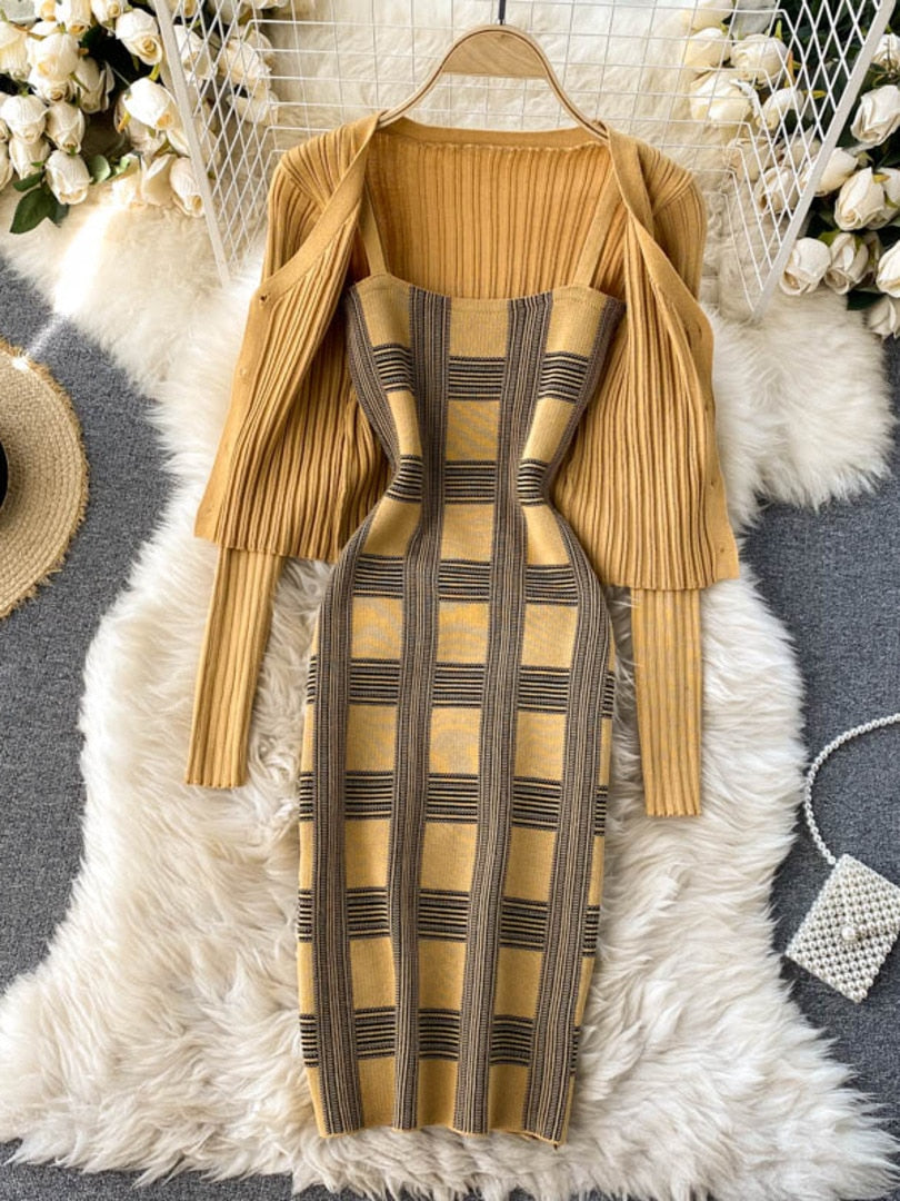 plaid print spaghetti strap bodycon mini dress and long sleeve knit cardigan suits