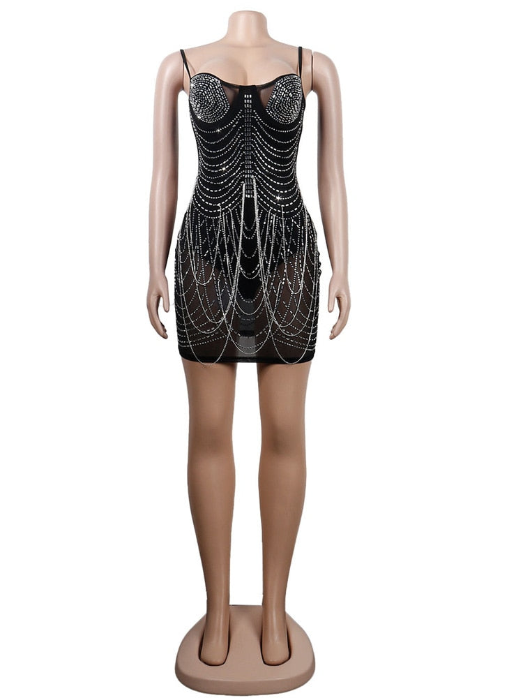 Chic Rhinestone Crystal Mesh Tassel Details Mini Dress