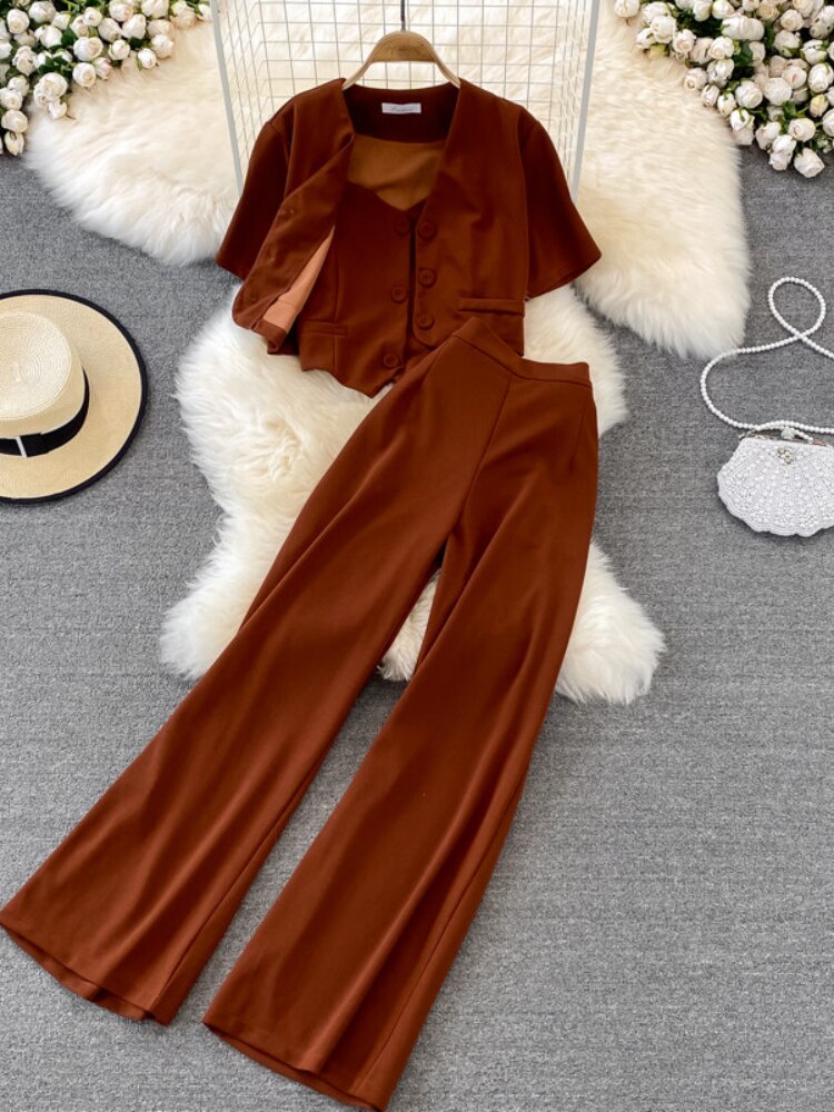 V-neck Shirt Jacket Three-piece Suit High Waist Wide Leg Long Pants Sets