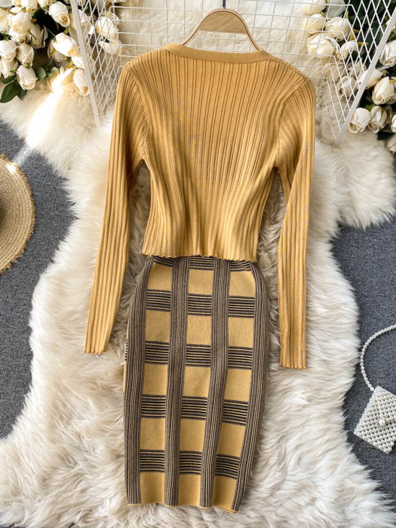 plaid print spaghetti strap bodycon mini dress and long sleeve knit cardigan suits