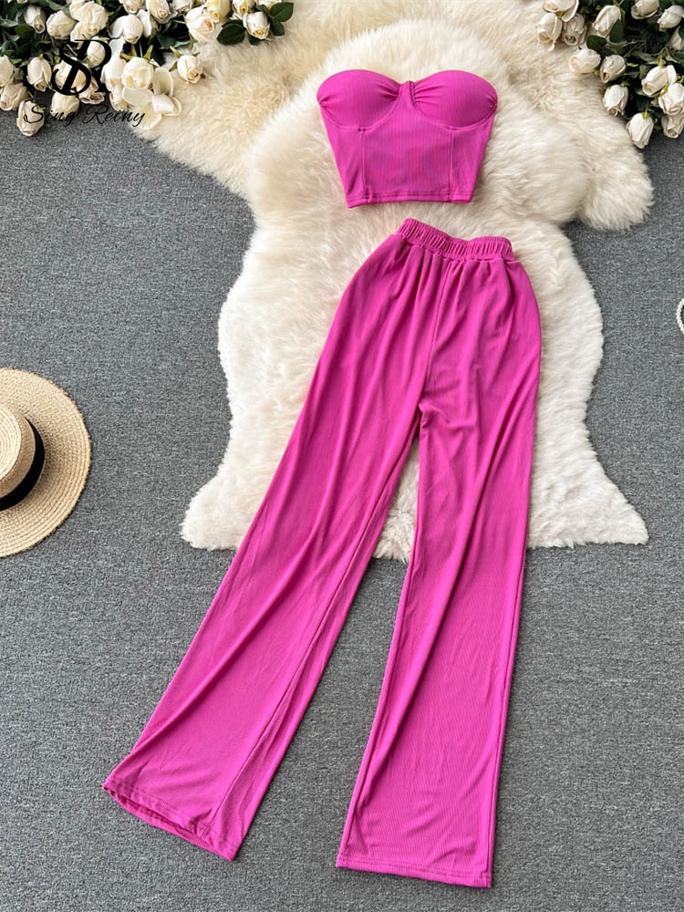 Strapless Slim Camisole + Wide Leg Long Pants Two Piece Suits