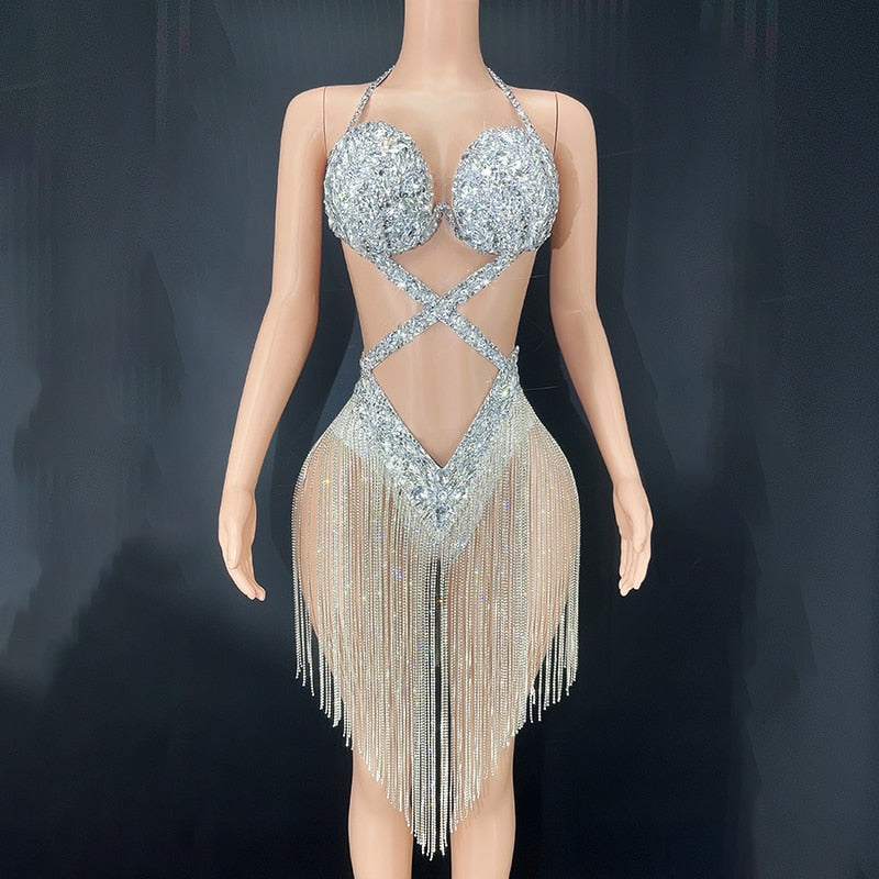 Luxurious Crystals Rhinestones Backless Leotard Dress