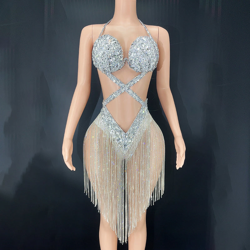 Luxurious Crystals Rhinestones Backless Leotard Dress