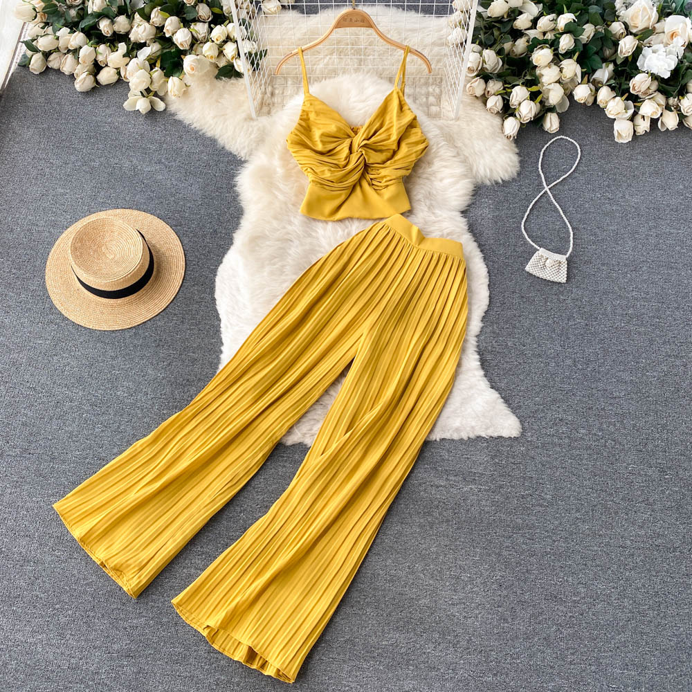 Spaghetti Strap Tops High Waist Long Pants Two Piece Set