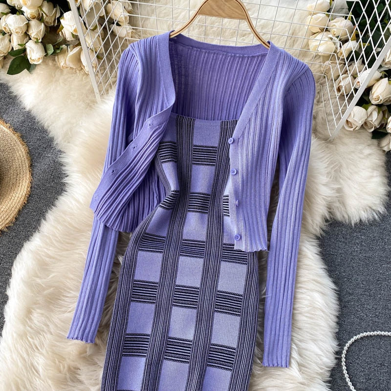 plaid print spaghetti strap bodycon mini dress and long sleeve knit cardigan suits