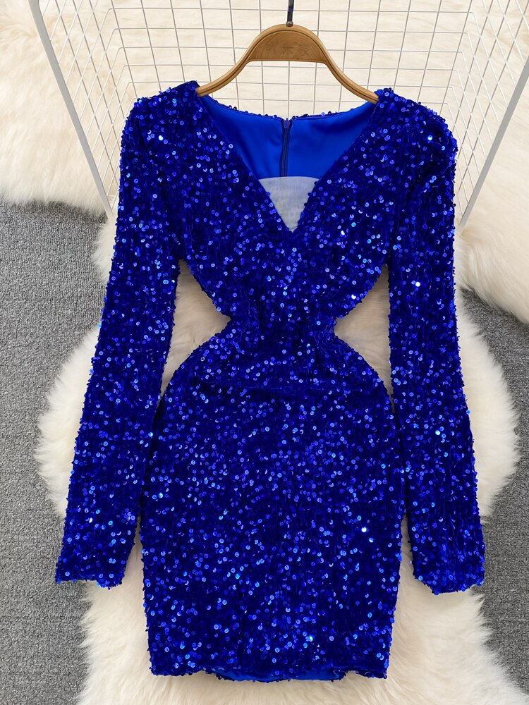 Sequins Glittering Mini Elegant Mesh Patchwork V-neck Long Sleeve Slim Bodycon Velvet Dress