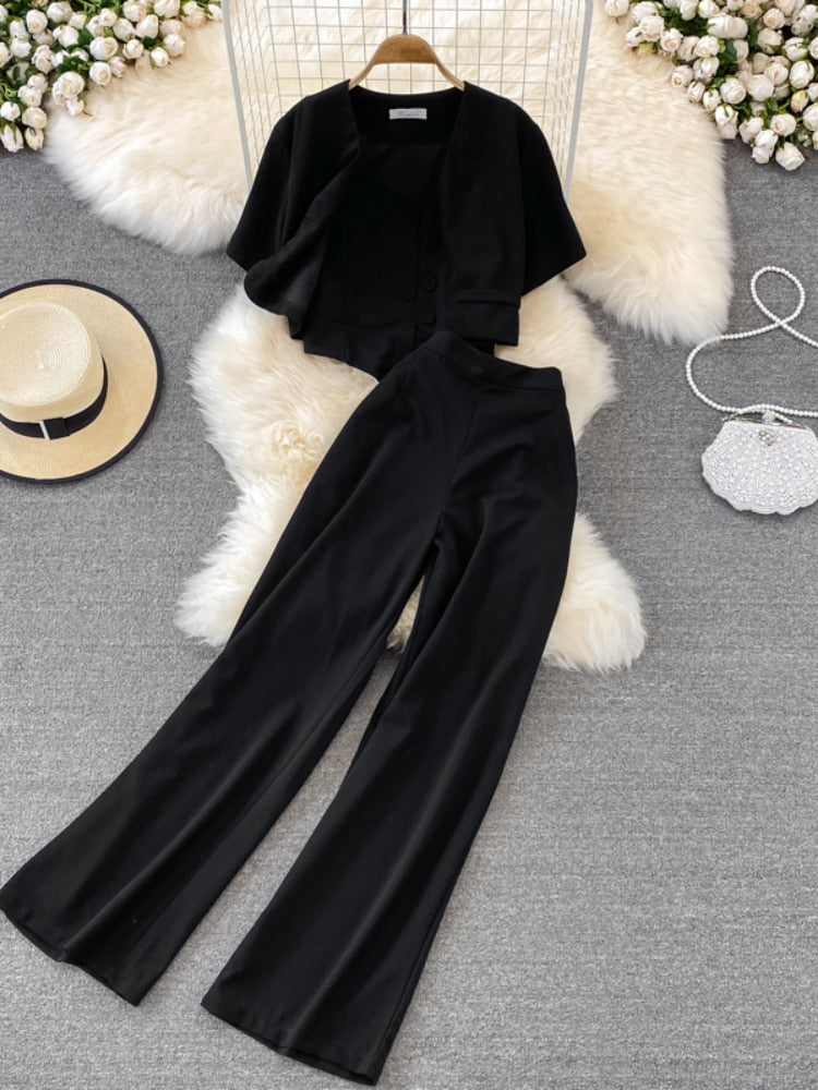 V-neck Shirt Jacket Three-piece Suit High Waist Wide Leg Long Pants Sets