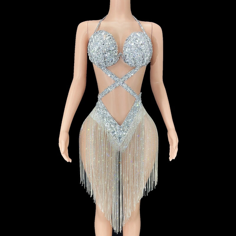 Luxurious Crystals Rhinestones Backless Leotard Dress