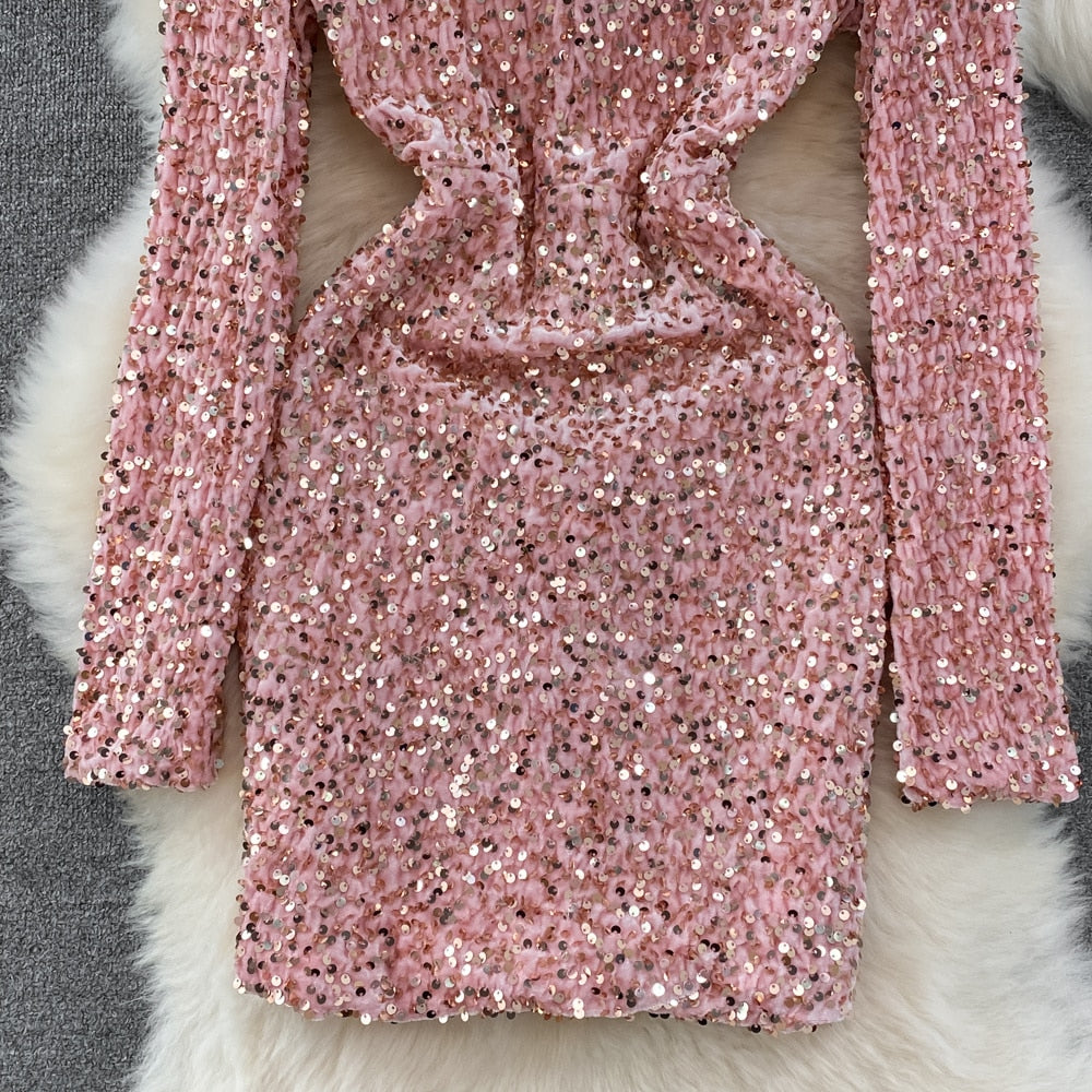 Sequins Glittering Mini Elegant Mesh Patchwork V-neck Long Sleeve Slim Bodycon Velvet Dress