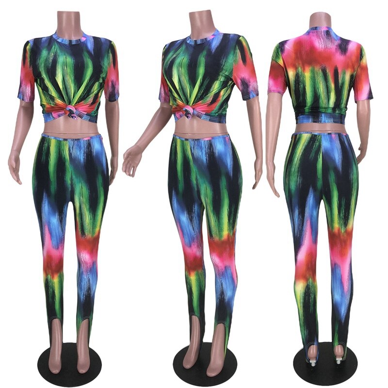 Tie Dye Two Piece Sets Crop Top Pants Bodycon Matching Sets.