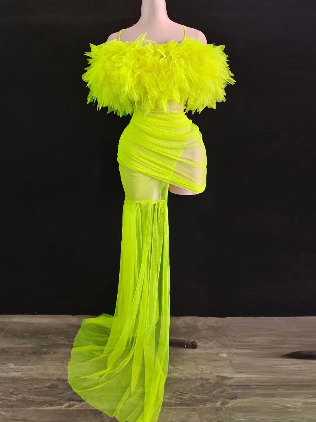 Neon Green Mesh Long Transparent Train Dress