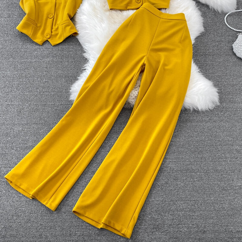 V-neck Shirt Jacket Three-piece Suit High Waist Wide Leg Long Pants Sets